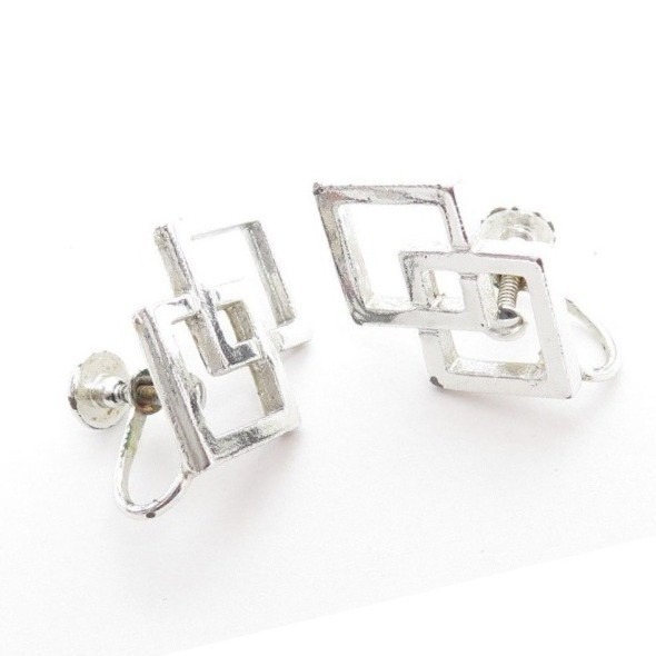 Vintage Double Squares Silver Plated Screw-Back Earrings